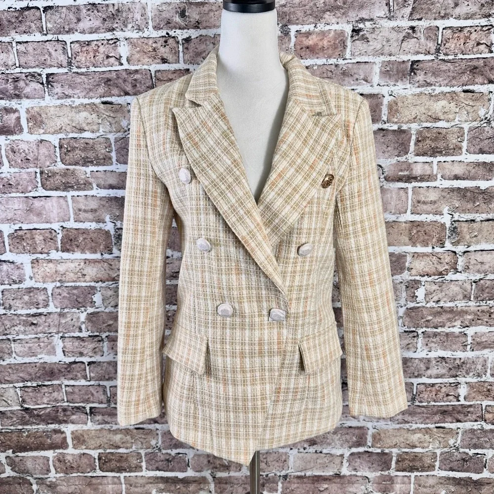 Attitude Unknown Women's Beige‎ NWOT Tweed Double Breasted Blazer Jacket Size M - Picture 3 of 16